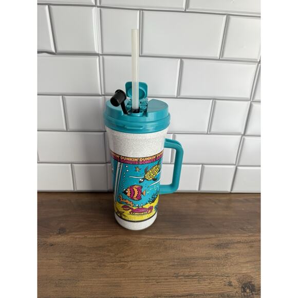 Vintage 90s Dunkin Donuts Tall Whirley Travel Mug Ocean Summer Cartoon Fish 32oz - Picture 2 of 12